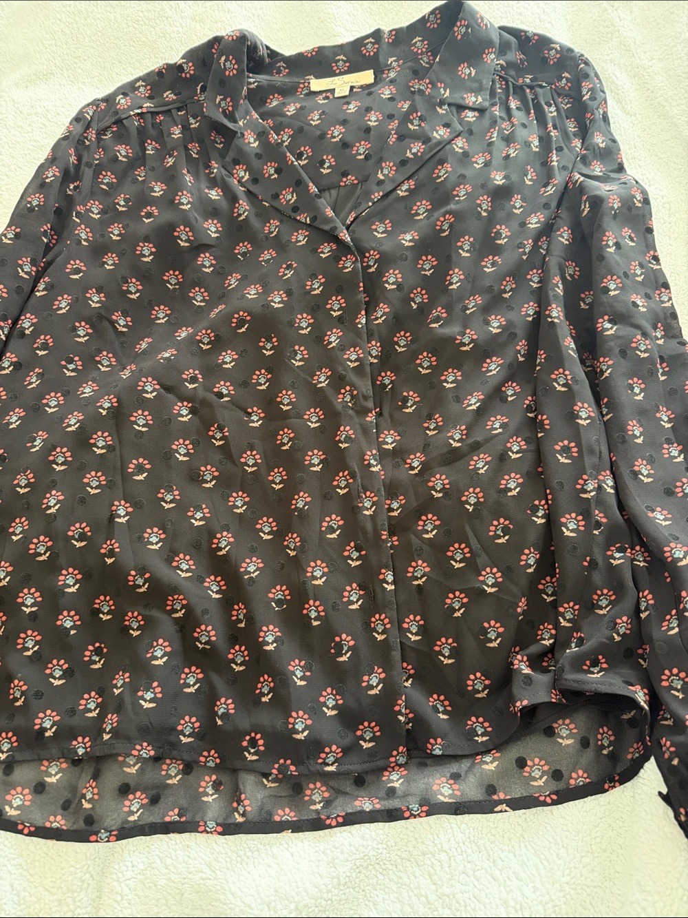Black Floral Button-Front Blouse with Pink Accents